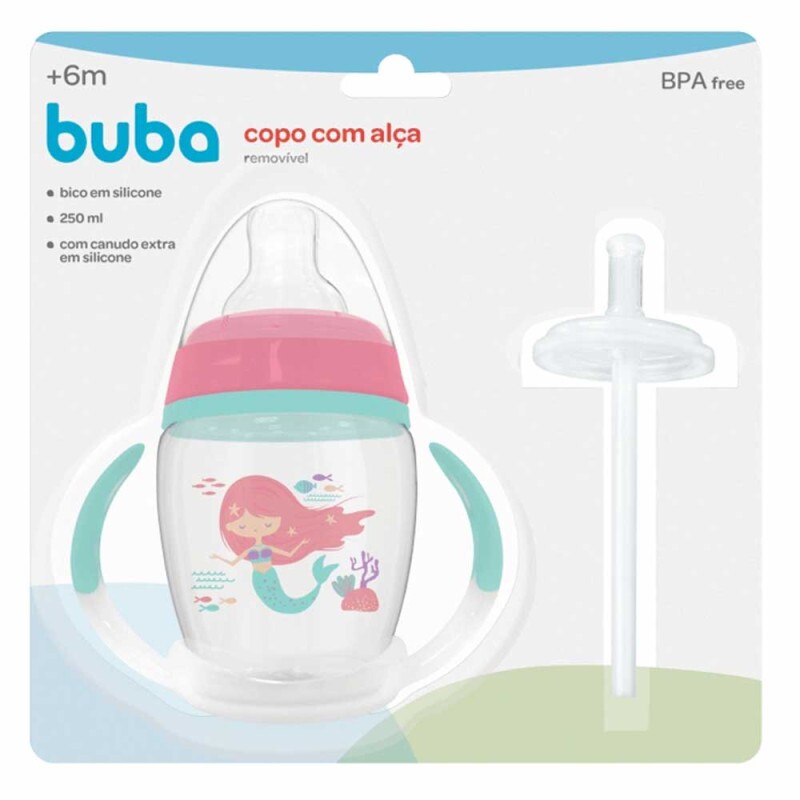 Copo com Canudo para Bebê - Alça Removível - 240ml - Dino - Rosa - Buba