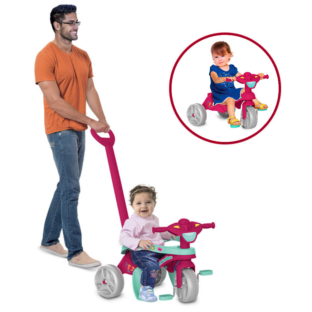 Triciclo infantil meninas mototico rosa 2 em 1 pedal E haste