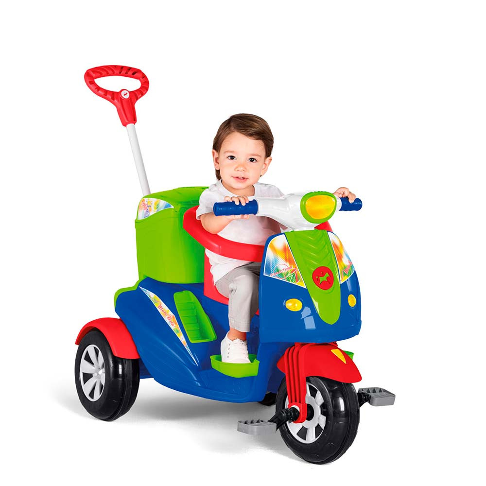 Triciclo Infantil Com Empurrador Pedal Cesta Azul Motoca