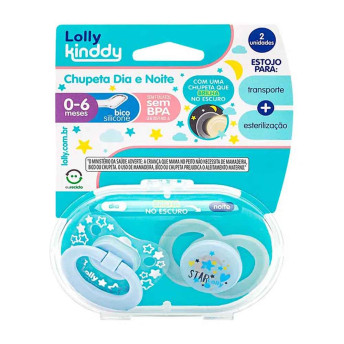 Kit 2 Chupeta - 100% Silicone - Dia e Noite - Lolly Kinddy - 0-6m - Azul - Lolly