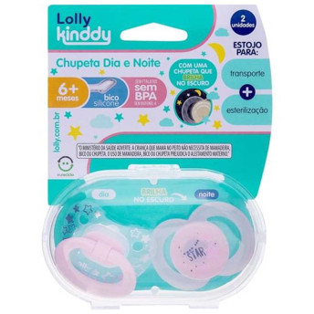 Kit 2 Chupeta - 100% Silicone - Dia e Noite - Lolly Kinddy - +6m - Rosa - Lolly