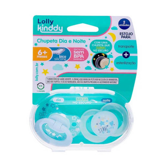 Kit 2 Chupeta - 100% Silicone - Dia e Noite - Lolly Kinddy - +6m - Azul - Lolly