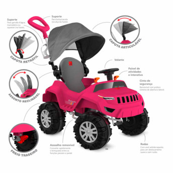 Carrinho de Passeio e Pedal - SuperJipe Reclinável Capota - Rosa - Bandeirante