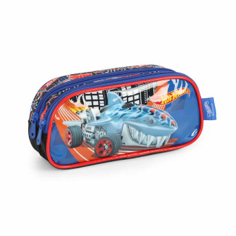 Estojo Infantil Escolar Duplo - Hot Wheels - Shark Azul - Luxcel