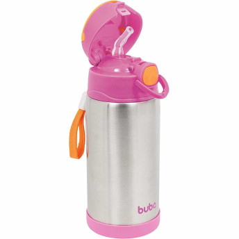 Garrafa com Canudo - Aço Inox - Térmica - 400 ml - Rosa - Buba