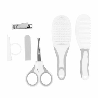 Kit Cuidados para Bebê - Escova, Pente, Tesoura e Cortador - Cinza - Buba