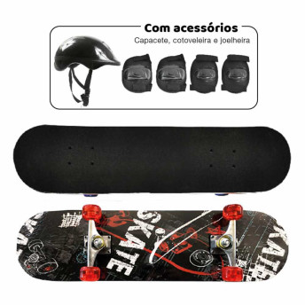 Skate com Acessórios e Kit Proteção - Sk8 - DM Radical - DM Toys