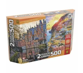 Quebra-Cabeça Duplo - Puzzle - 500 peças - Passeio Pela Europa - Bruges e Positano - Grow