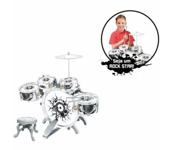 Bateria Infantil com Banquinho - Rock Party - Prata e Preta - DM Toys