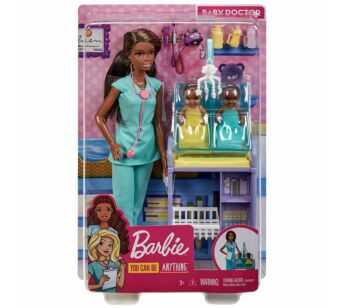 Conjunto e Boneca - Barbie Profissões - Negra - Doutora Pediatra com Bebês - Mattel