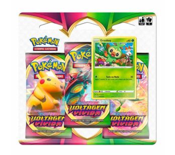 Jogo de Cartas Pokémon - Blister Triplo - Espada e Escudo 4 - Voltagem Vívida - Grookey - Copag