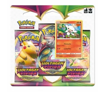 Jogo de Cartas Pokémon - Blister Triplo - Espada e Escudo 4 - Voltagem Vívida - Scorbunny - Copag
