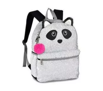 Mochila de Costas Escolar - Clio Girls - Paetê - Panda - Prata e Branco - Clio Style