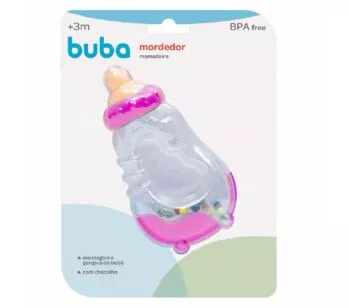 Chocalho e Mordedor para Bebê - 2 em 1 - Mamadeira - Rosa - Buba