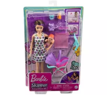 Boneca Barbie - Skipper Babysitters - Carrinho de Bebê - Morena - Mattel