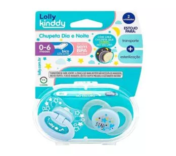 Kit 2 Chupeta - 100% Silicone - Dia e Noite - Lolly Kinddy - 0-6m - Azul - Lolly
