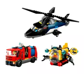 Bloco de Montar - CITY – Helicóptero, Caminhão de bombeiros e Submarino - 874 peças - LEGO