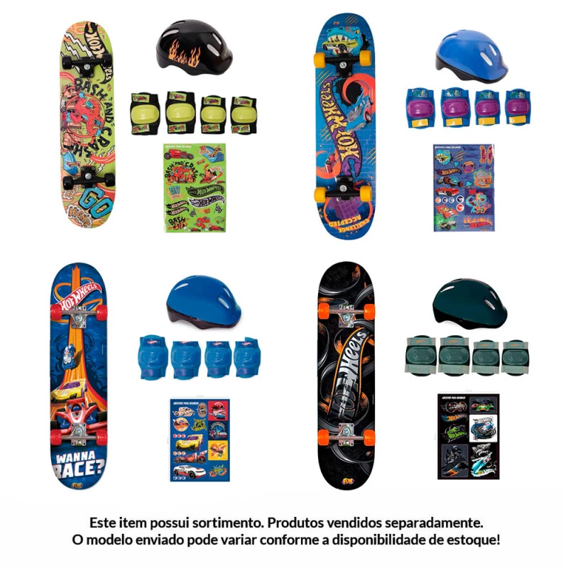 Skate com Kit Proteção Hot Wheels Teen Sortido Fun Divirta-se