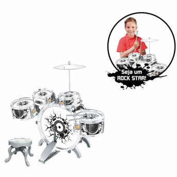 Bateria Infantil com Banquinho - Rock Party - Prata e Preta - DM Toys