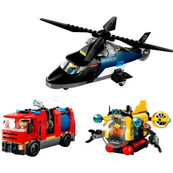 Bloco de Montar - CITY – Helicóptero, Caminhão de bombeiros e Submarino - 874 peças - LEGO