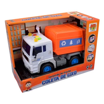 Caminhão de Fricção - Coleta de Lixo - Luz e Som - Laranja - DM Toys