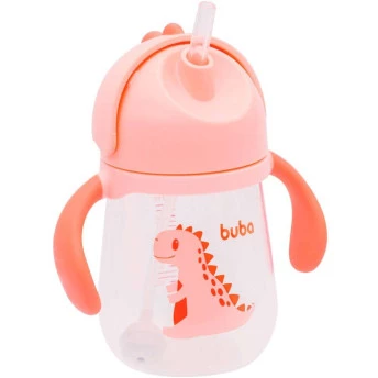 Copo com Canudo para Bebê - Alça Removível - 240ml - Dino - Rosa - Buba.
