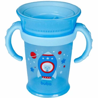Copo de Treinamento 360 Bebê - Alça Removível - 210ml - Foguete - Azul - Buba