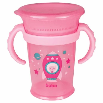Copo de Treinamento 360 Bebê - Alça Removível - 210ml - Foguete - Rosa - Buba