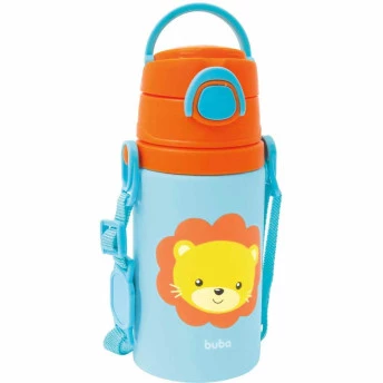 Garrafinha Infantil Alumínio com Canudo - 400ml - Animal Fun - Leão - Buba