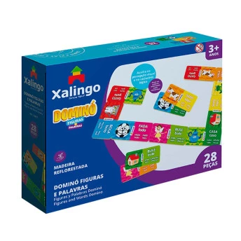 Jogo de Dominó - Madeira - Figuras e Palavras - 28 Peças - Xalingo