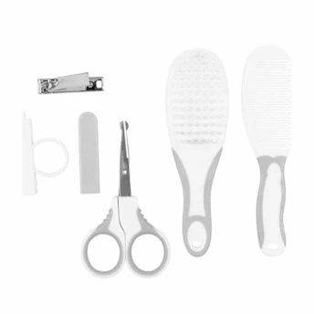 Kit Cuidados para Bebê - Escova, Pente, Tesoura e Cortador - Cinza - Buba
