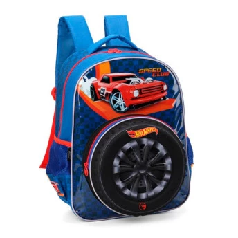 Mochila 3D de Costas Infantil - Hot Wheels - Pneu - Azul Luxcel