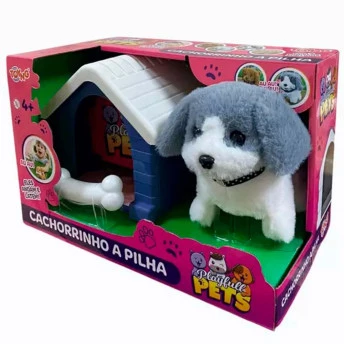 Pelúcia Interativa - PlayFull Pets - Cachorrinho e Casinha - Cinza e Branco - Toyng