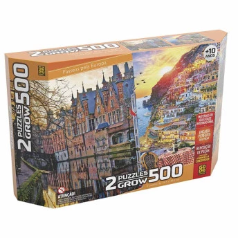 Quebra-Cabeça Duplo - Puzzle - 500 peças - Passeio Pela Europa - Bruges e Positano - Grow